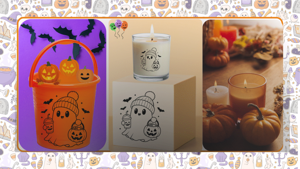 Reusable Halloween tote bags, mugs and seasonal decorations featuring spooky designs.