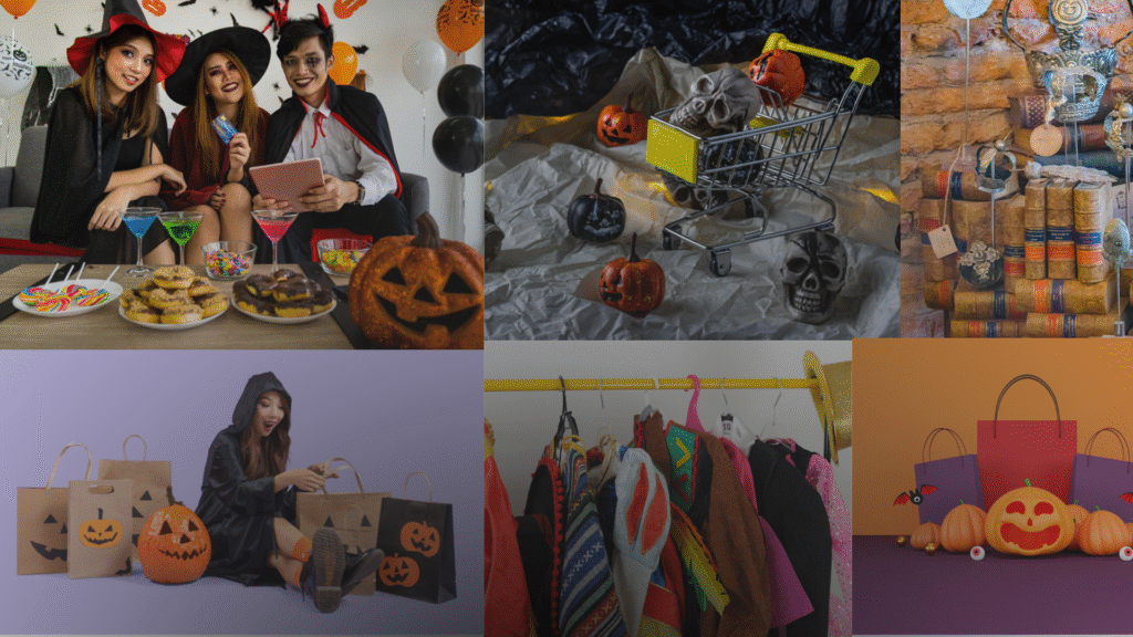 Halloween craft display with coordinated products, branded packaging and seasonal decorations.