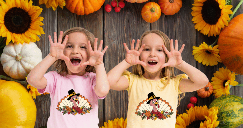 Kids’ T-shirts featuring Thanksgiving designs.