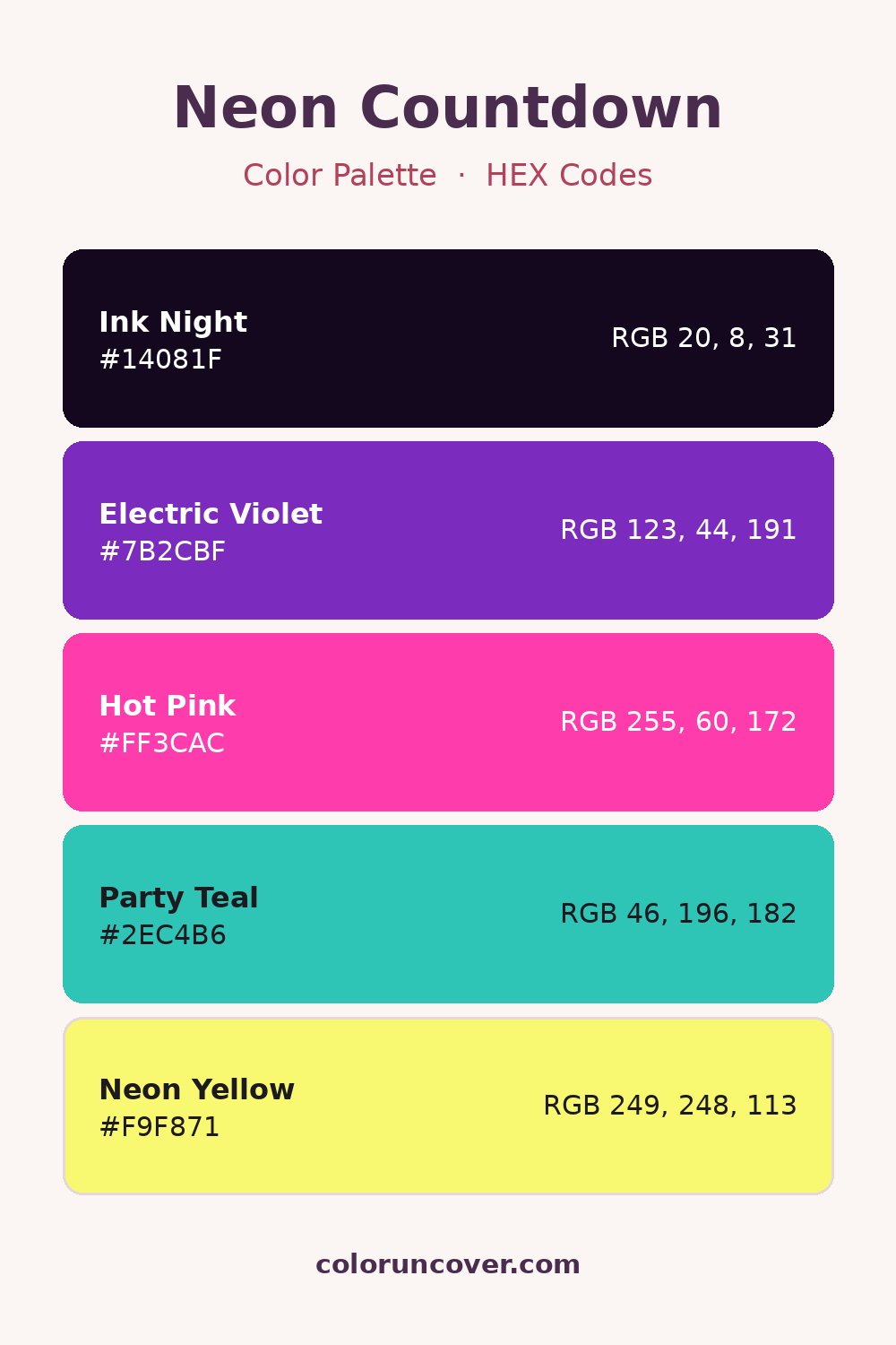 Neon Countdown color palette with HEX codes
