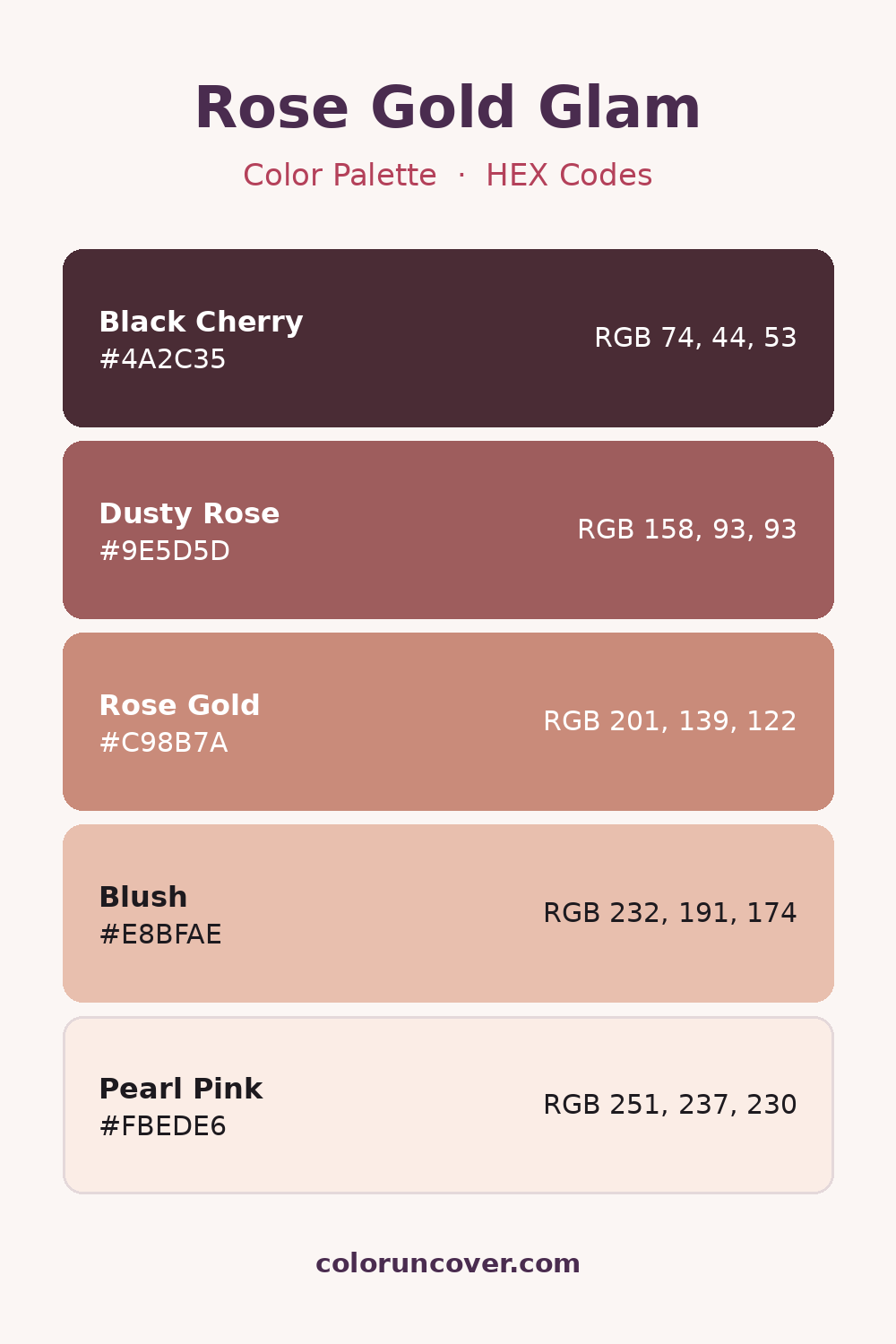 Rose Gold Glam color palette with HEX codes